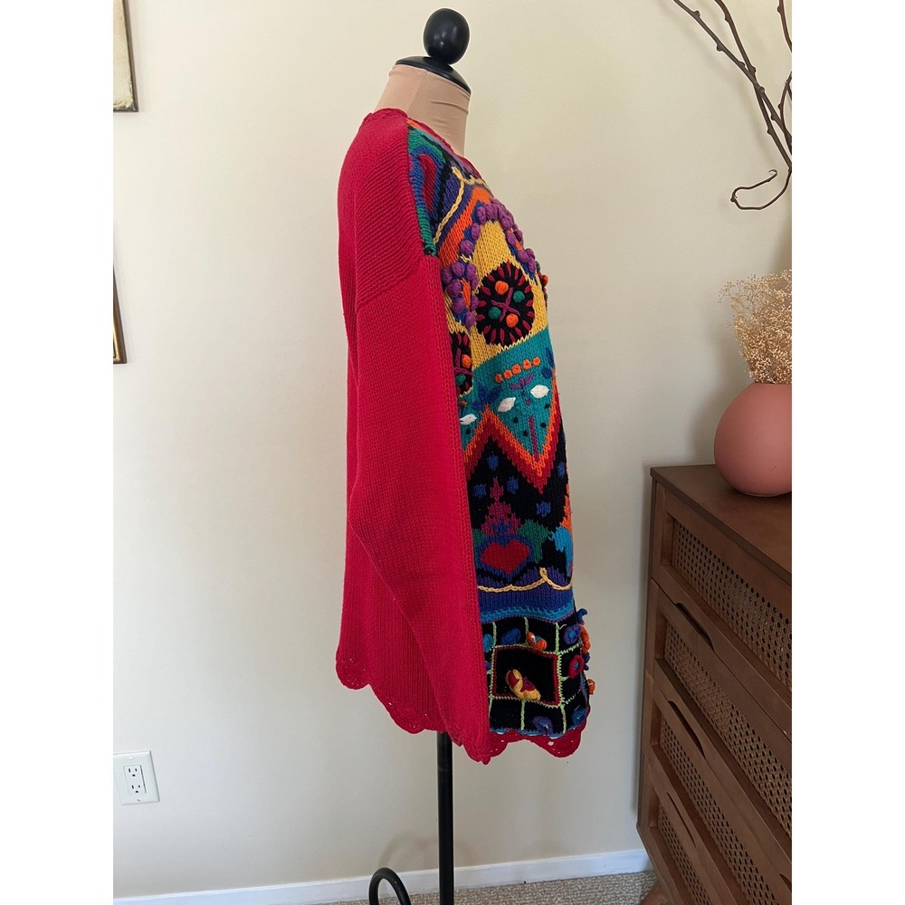 Vintage 80s Colorful Funky Floral 3D Knit Crochet Sweater - Picture 7 of 10
